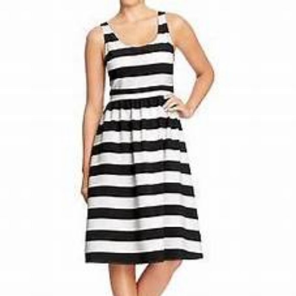 Old Navy Black White Stripe Fit & Flare Dress - 16 - Picture 1 of 7